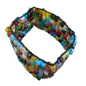 Beaded Cuff Bangle Bracelet Glass Cube Shapes Multicolor Elastic Adjustable